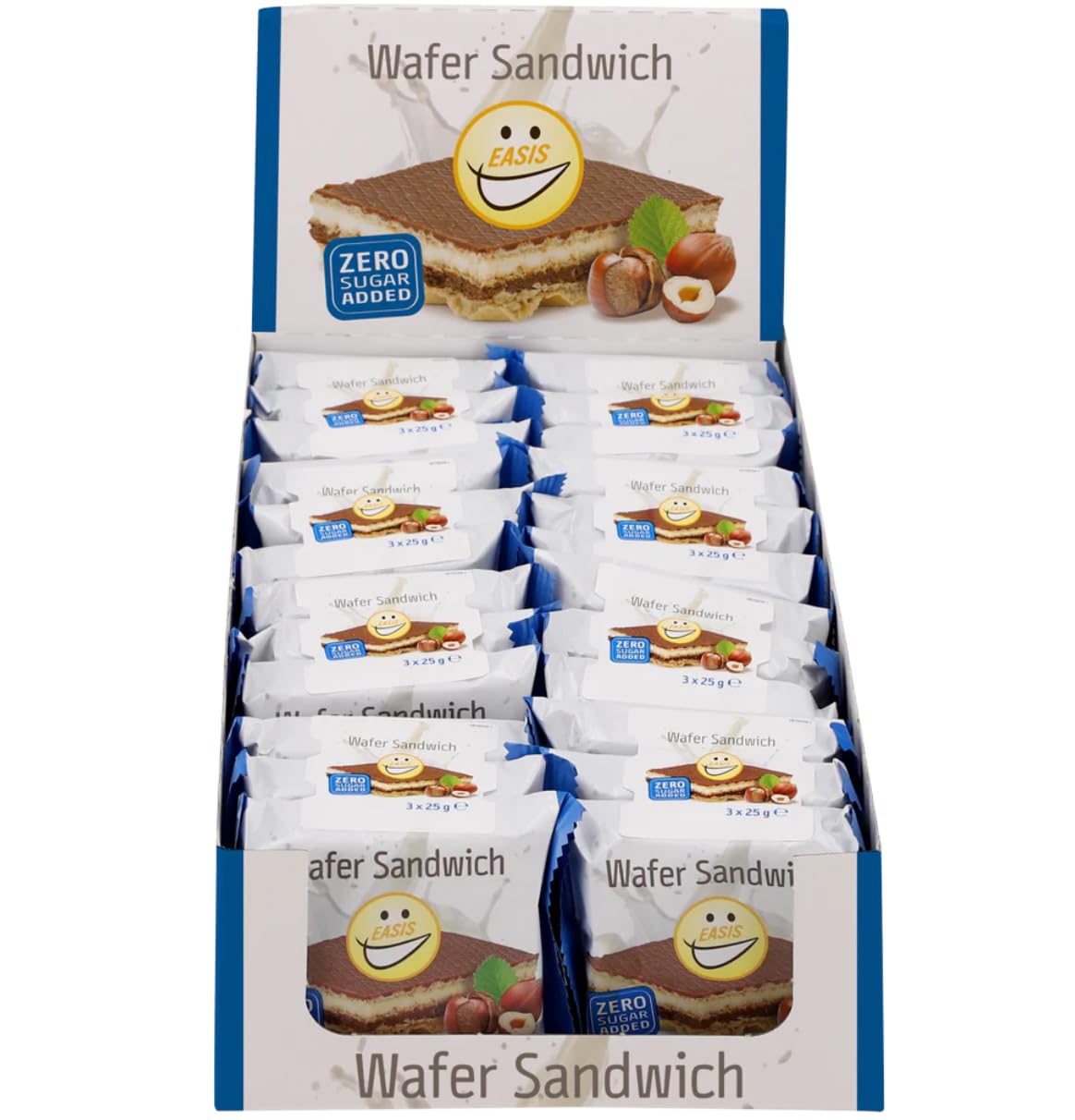 EASIS Knusprige Waffel Sandwich Ohne Zuckerzusatz | Waffelschnitte mit Milchschokolade, Haselnusscreme & Vanillecreme | Kalorienarme Süßigkeiten | Waffel Kekse mit Hohem Ballaststoffgehalt | 3x25g