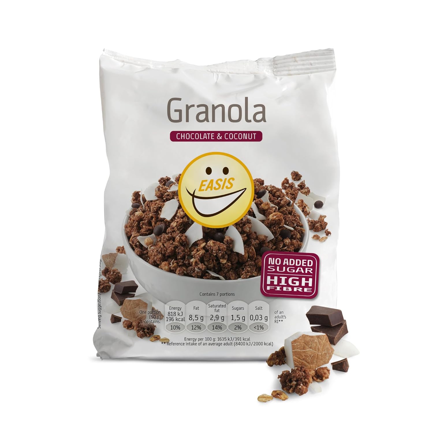 EASIS Granola Ohne Zuckerzusatz mit Schokolade & Kokosflocken | Knusprige Müsli ohne Zucker | Ideal für Milch & Joghurt | Gesundes Frühstück, Perfekter Start in den Tag | 350 g