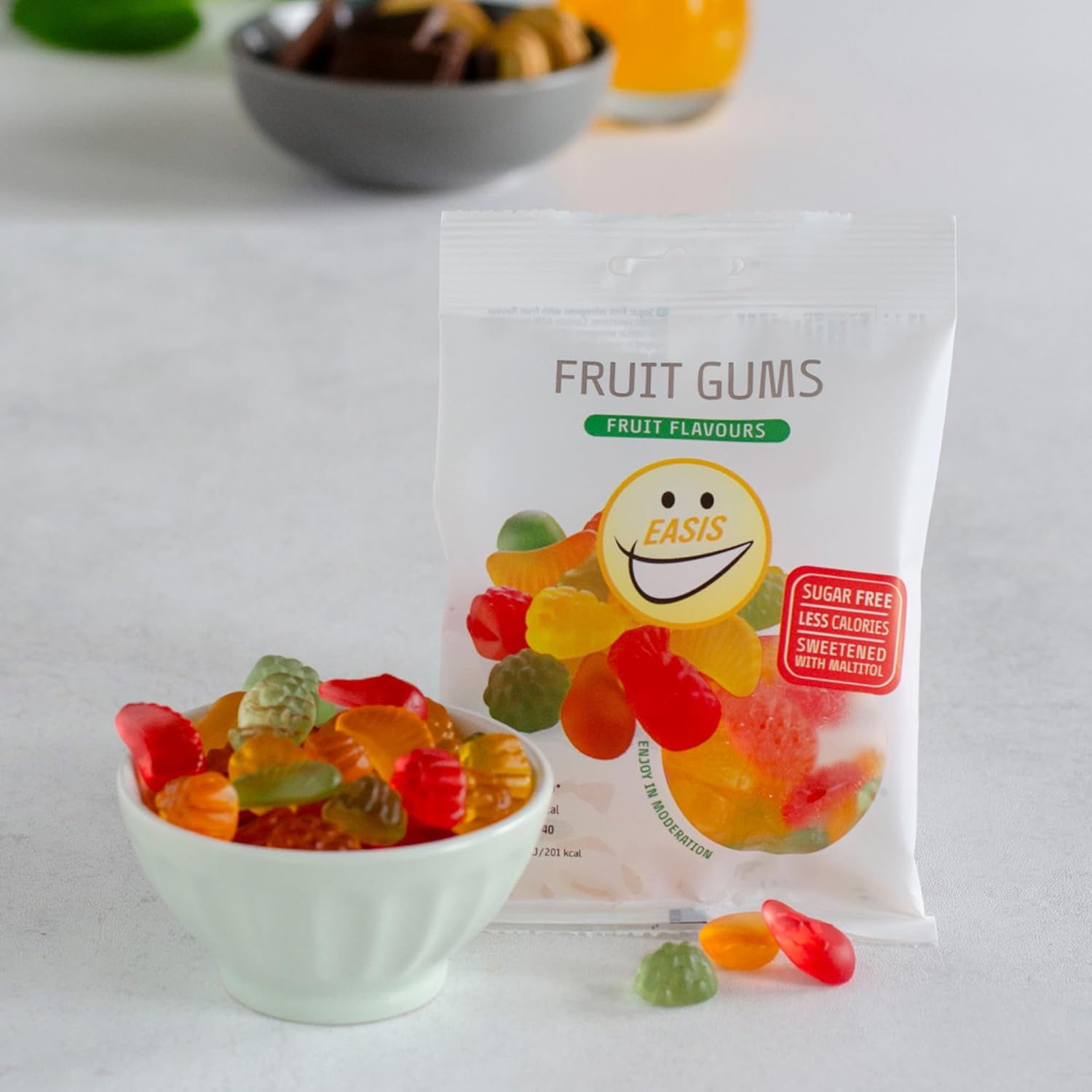 EASIS Fruchtgummis Ohne Zuckerzusatz, Kalorienarme Gummibärchen mit Süßstoff auf natürlicher Basis, Verschiedene Fruchtgeschmäcker, Weingummi Süßigkeiten, Gesunder Snack für Kinder & Erwachsene, 80g