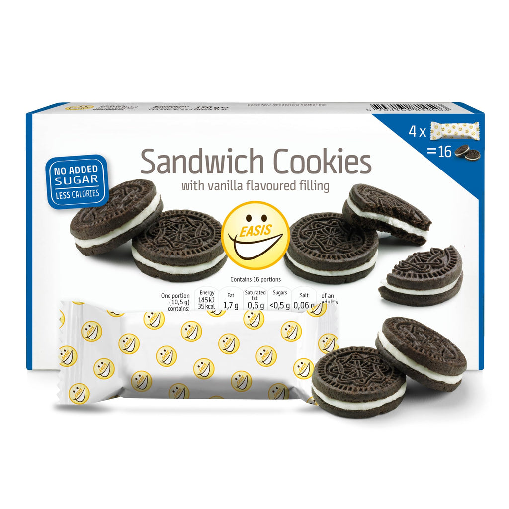 EASIS Kakaokekse Ohne Zuckerzusatz mit Vanillecreme-Füllung, Süßigkeiten für Unterwegs, Lecker Snacks, Knuspriger Doppelkeks ohne zucker, Einzeln Verpackte Kekse 12x(4x4) (192st)