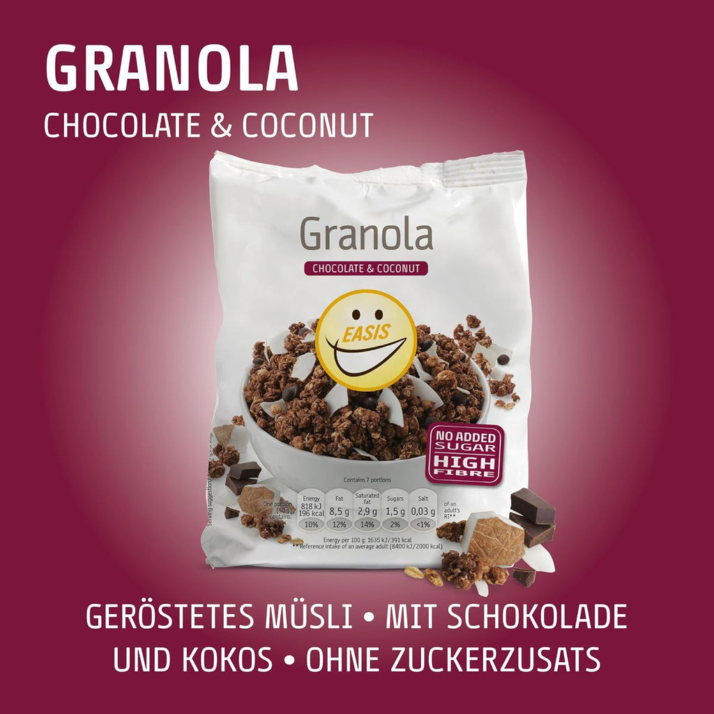EASIS Granola Ohne Zuckerzusatz mit Schokolade & Kokosflocken | Knusprige Müsli ohne Zucker | Ideal für Milch & Joghurt | Gesundes Frühstück, Perfekter Start in den Tag | 350 g