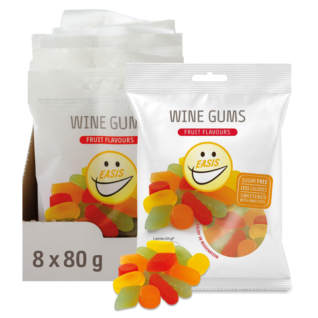 EASIS Fruchtgummis Ohne Zuckerzusatz, Kalorienarme Gummibärchen mit Süßstoff auf natürlicher Basis, Verschiedene Fruchtgeschmäcker, Weingummi Süßigkeiten, Gesunder Snack für Kinder & Erwachsene, 80g