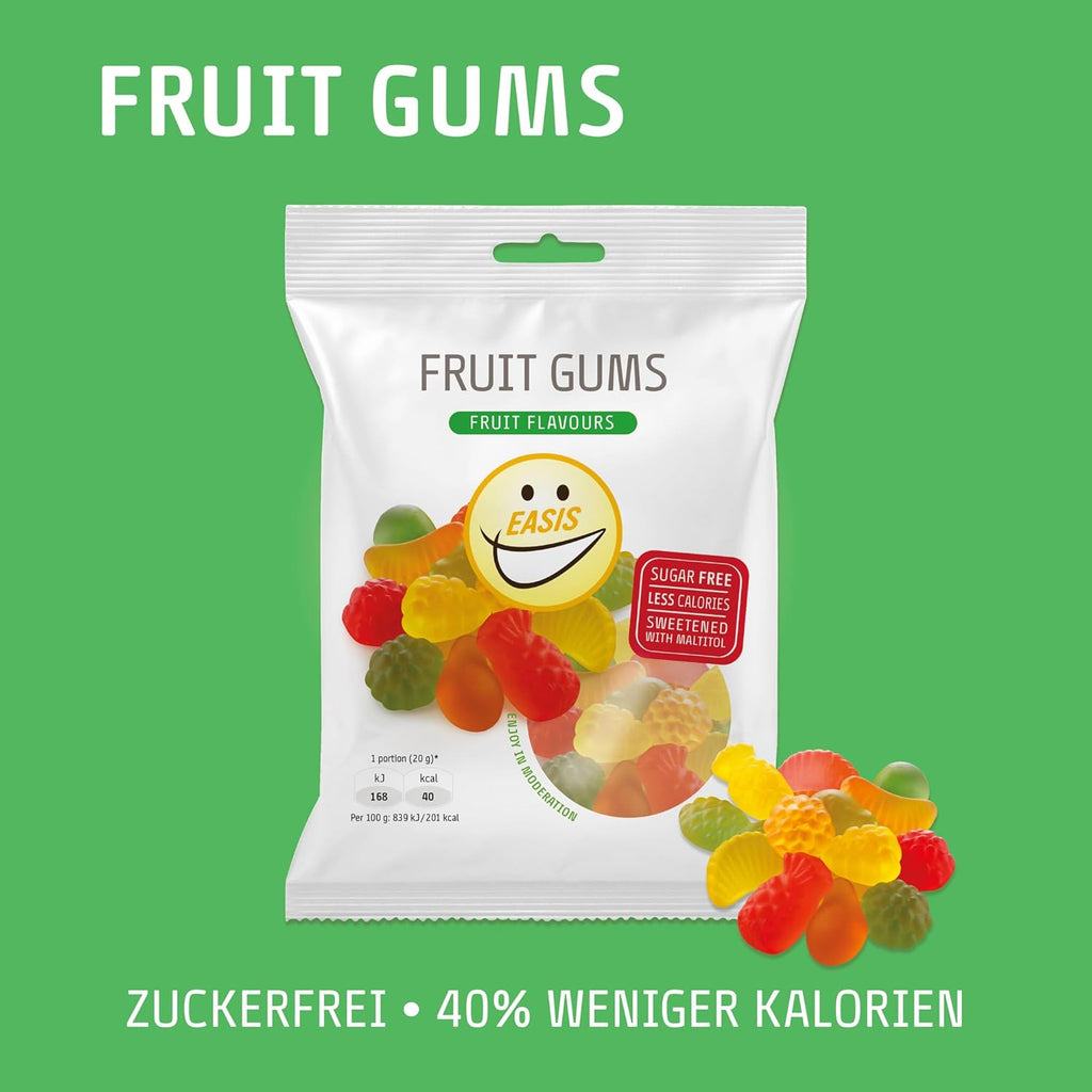 EASIS Fruchtgummis Ohne Zuckerzusatz, Kalorienarme Gummibärchen mit Süßstoff auf natürlicher Basis, Verschiedene Fruchtgeschmäcker, Weingummi Süßigkeiten, Gesunder Snack für Kinder & Erwachsene, 80g