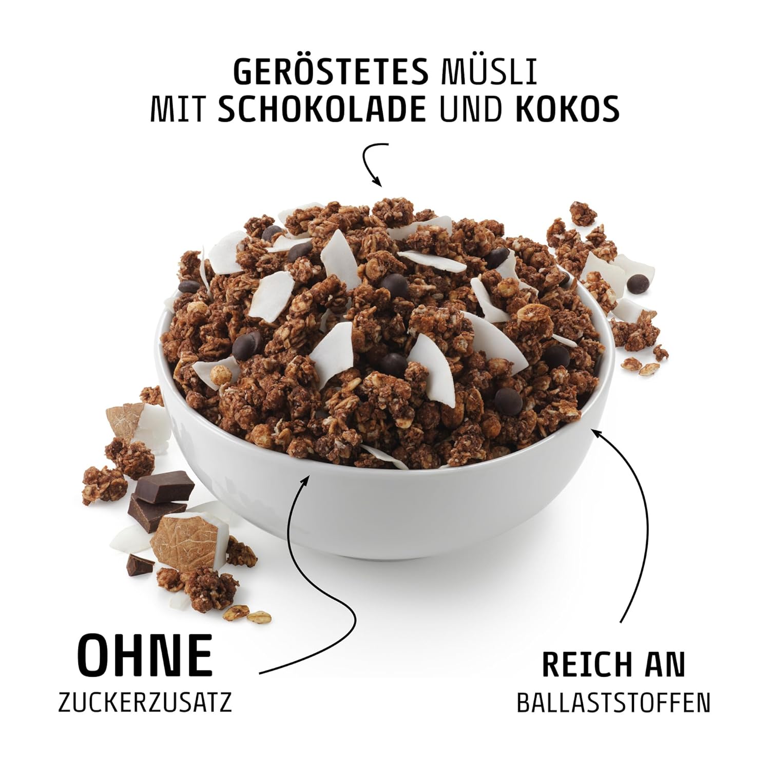 EASIS Granola Ohne Zuckerzusatz mit Schokolade & Kokosflocken | Knusprige Müsli ohne Zucker | Ideal für Milch & Joghurt | Gesundes Frühstück, Perfekter Start in den Tag | 350 g