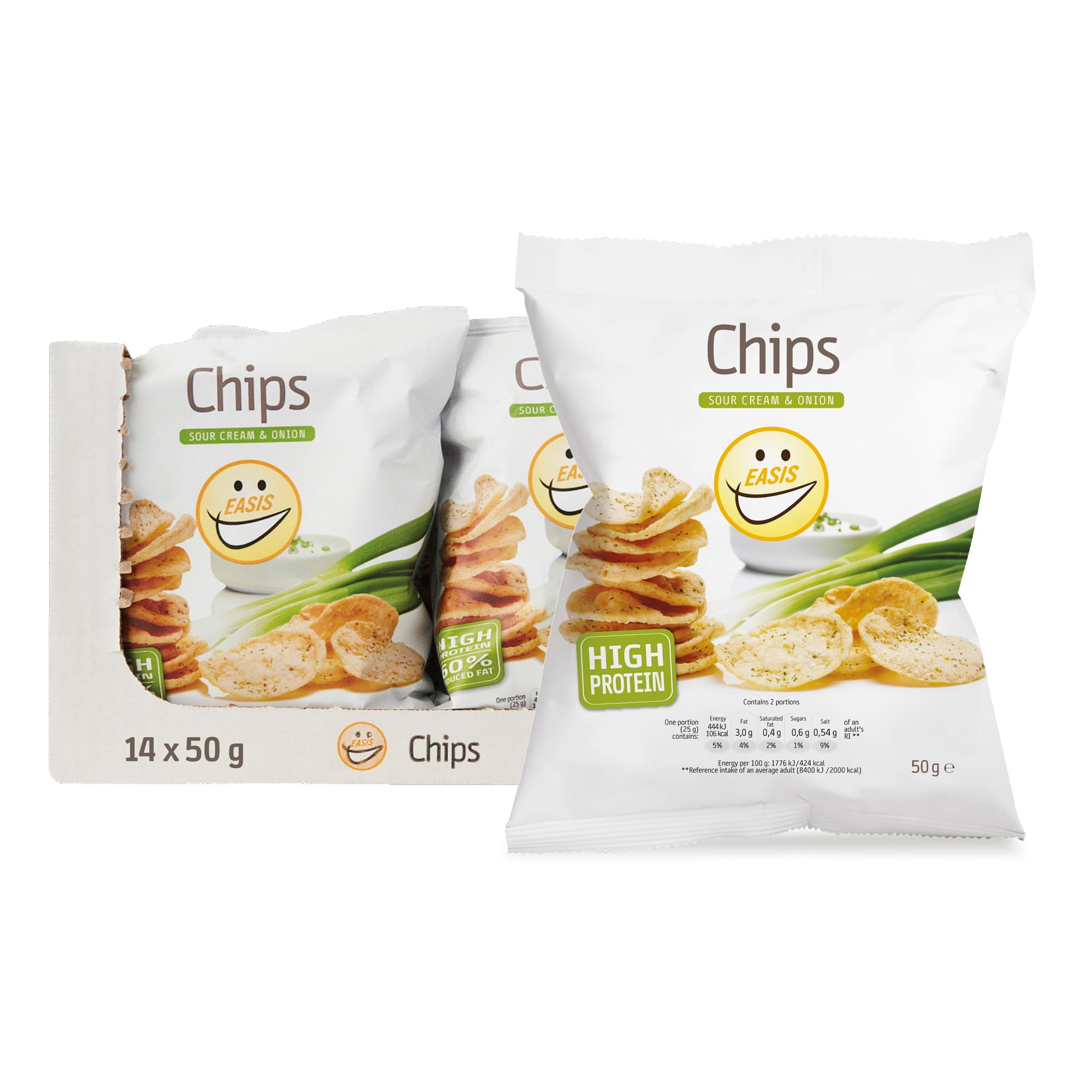 EASIS High Protein Chips, Sour Cream & Onion Crisps, Protein Snack, Reich an Ballaststoffen, 60% Weniger Fett, Perfekter Fitness Snack, 50g
