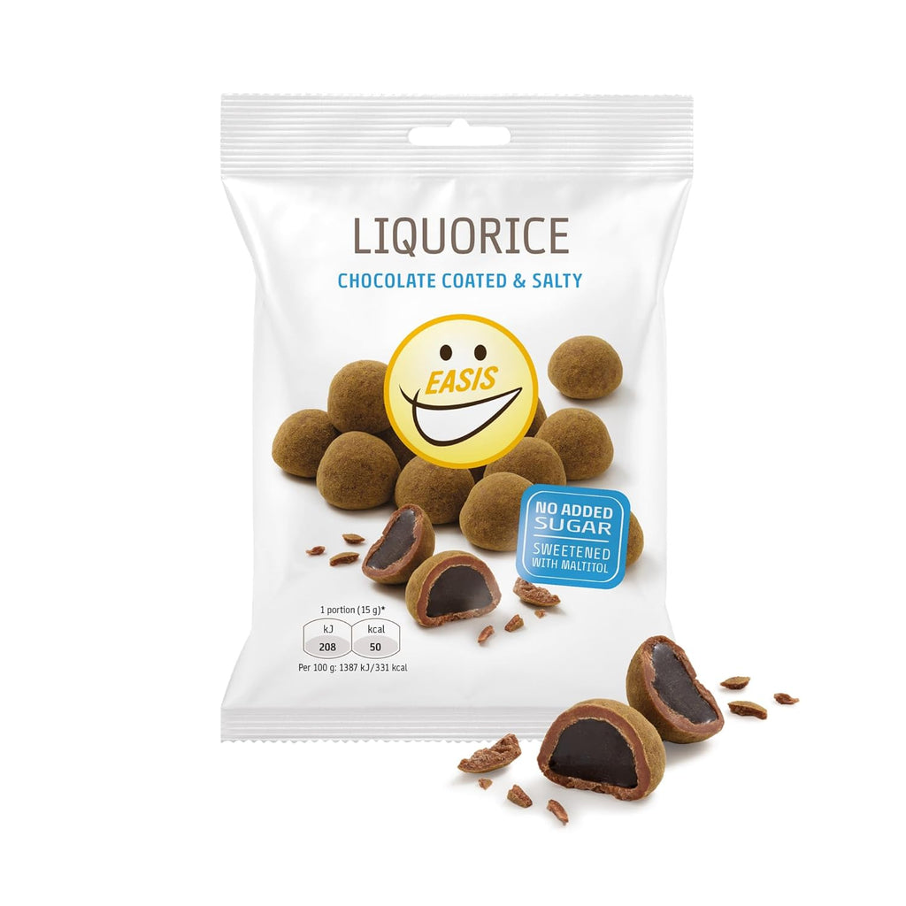 EASIS Dänische Lakritz-Kugeln ohne Zuckerzusatz | Salzige Lakritzkerne in Vollmilchschokolade & Lakritzpulver | Süßungsmitteln natürlichen Ursprungs | Gourmet Schokolade Geschenk, 75g