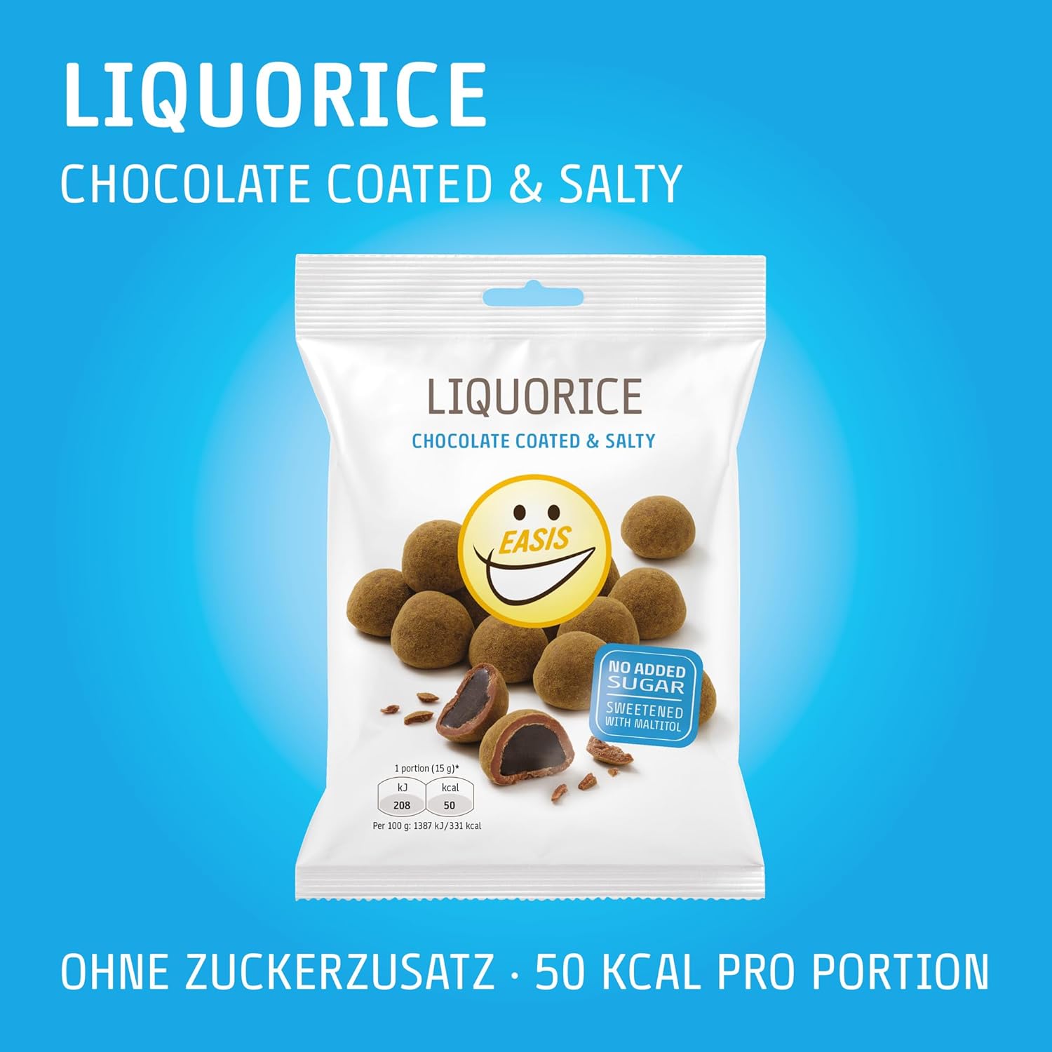 EASIS Dänische Lakritz-Kugeln ohne Zuckerzusatz | Salzige Lakritzkerne in Vollmilchschokolade & Lakritzpulver | Süßungsmitteln natürlichen Ursprungs | Gourmet Schokolade Geschenk, 75g