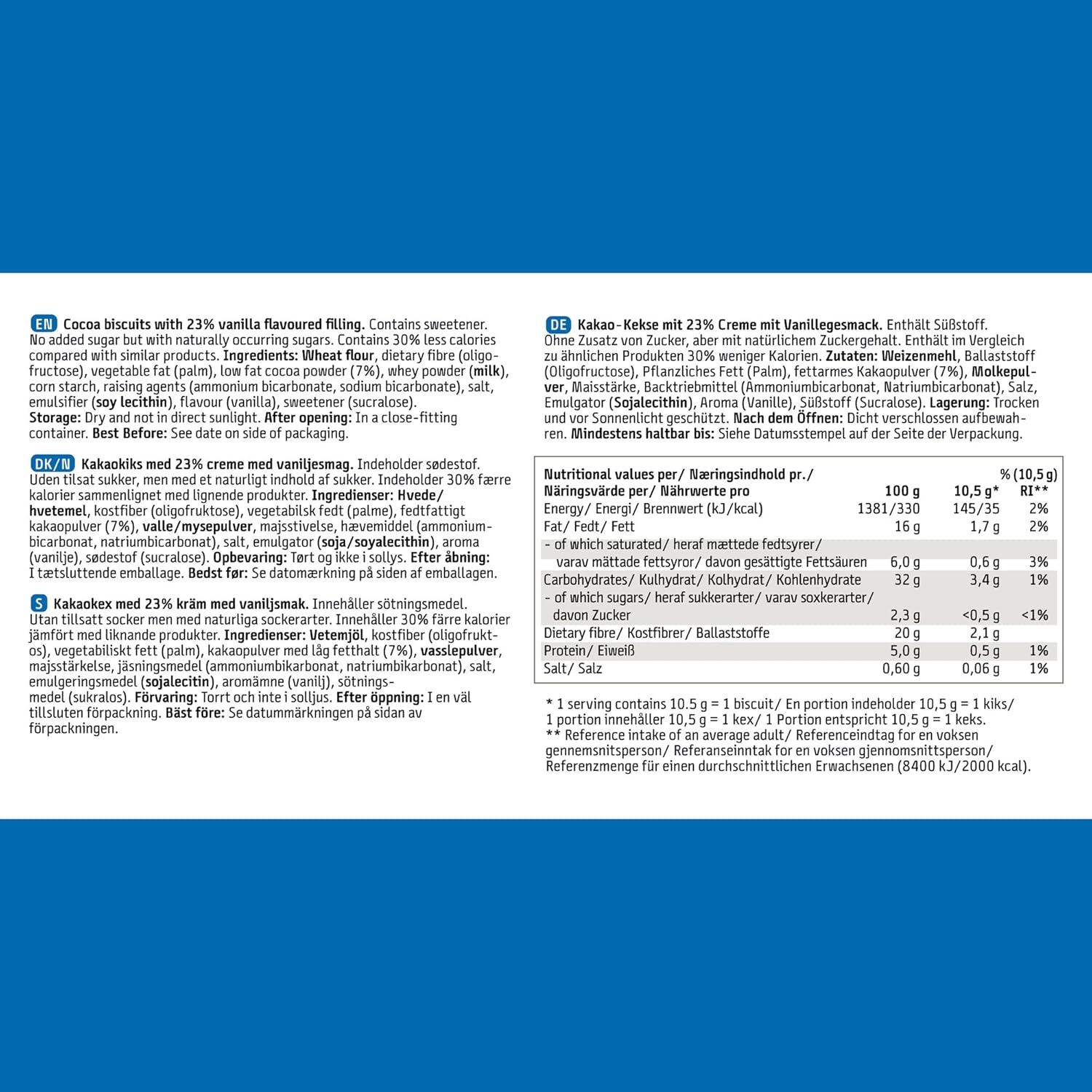 EASIS Kakaokekse Ohne Zuckerzusatz mit Vanillecreme-Füllung, Süßigkeiten für Unterwegs, Lecker Snacks, Knuspriger Doppelkeks ohne zucker, Einzeln Verpackte Kekse 12x(4x4) (192st)