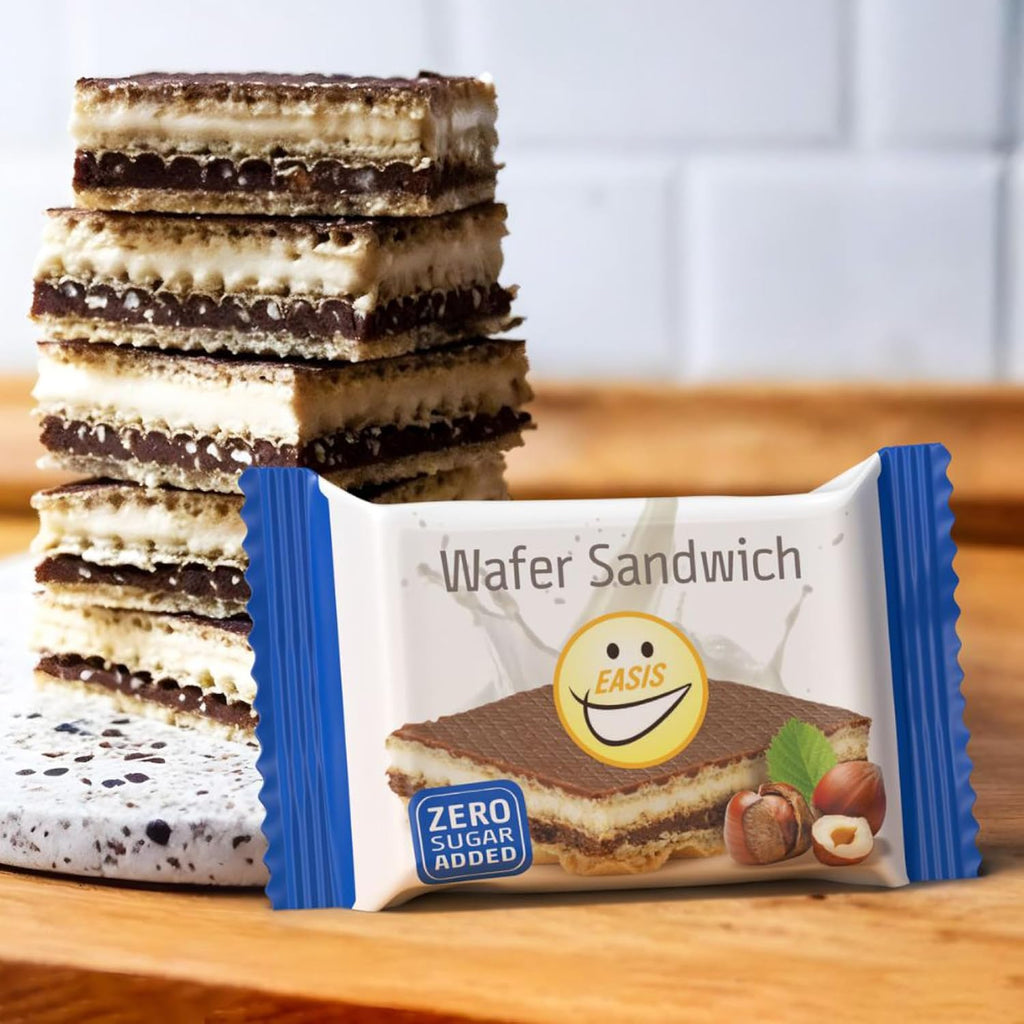 EASIS Knusprige Waffel Sandwich Ohne Zuckerzusatz | Waffelschnitte mit Milchschokolade, Haselnusscreme & Vanillecreme | Kalorienarme Süßigkeiten | Waffel Kekse mit Hohem Ballaststoffgehalt | 3x25g