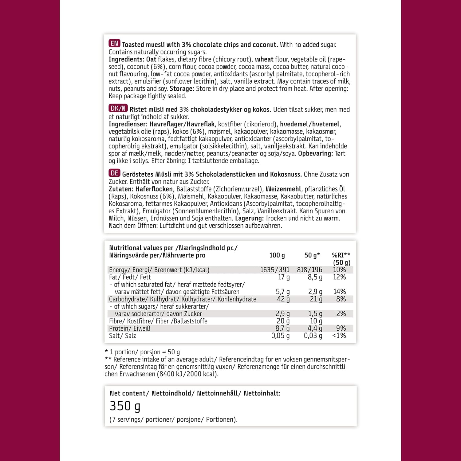 EASIS Granola Ohne Zuckerzusatz mit Schokolade & Kokosflocken | Knusprige Müsli ohne Zucker | Ideal für Milch & Joghurt | Gesundes Frühstück, Perfekter Start in den Tag | 350 g