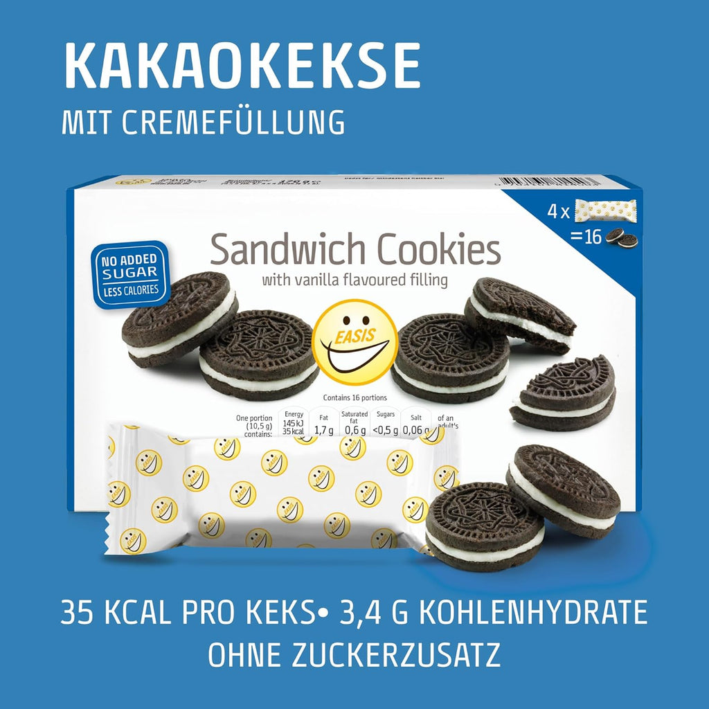EASIS Kakaokekse Ohne Zuckerzusatz mit Vanillecreme-Füllung, Süßigkeiten für Unterwegs, Lecker Snacks, Knuspriger Doppelkeks ohne zucker, Einzeln Verpackte Kekse 12x(4x4) (192st)