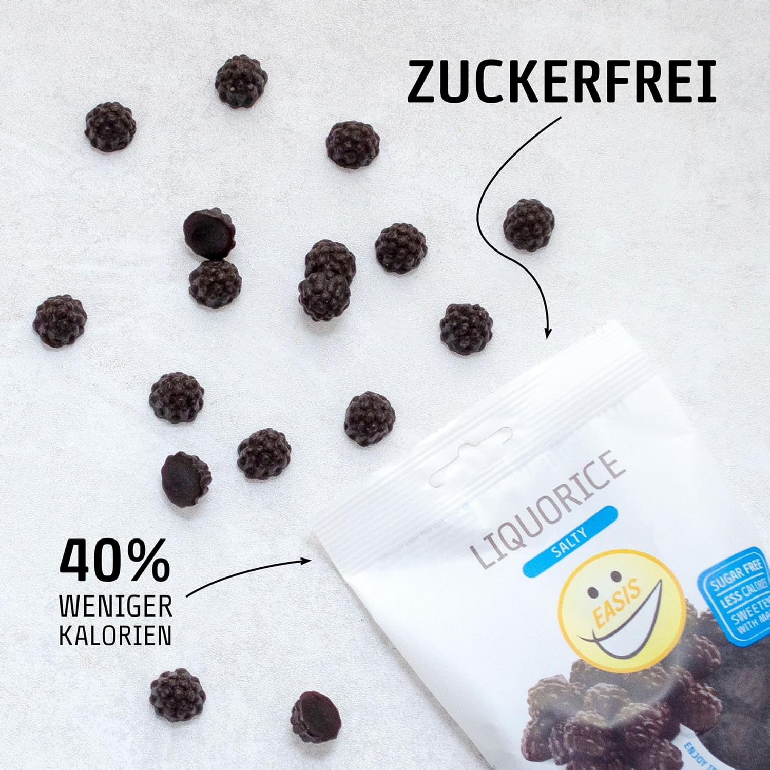 EASIS Gesalzene Lakritze Süßigkeiten Ohne Zuckerzusatz | Leckere & Kalorienarme Lakrids | Gesunder Snack mit Süßstoff auf natürlicher Basis für Kinder & Erwachsene, 1x80g