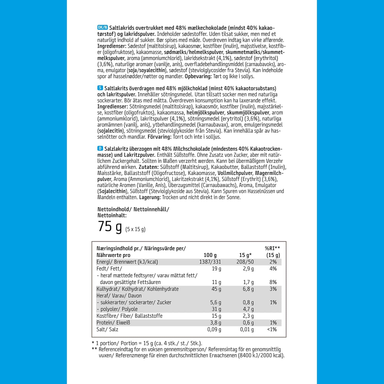 EASIS Dänische Lakritz-Kugeln ohne Zuckerzusatz | Salzige Lakritzkerne in Vollmilchschokolade & Lakritzpulver | Süßungsmitteln natürlichen Ursprungs | Gourmet Schokolade Geschenk, 75g