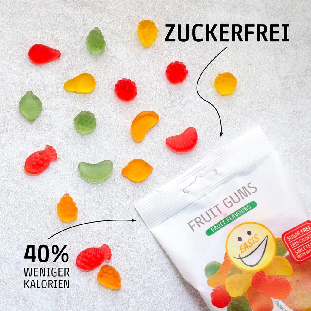 EASIS Fruchtgummis Ohne Zuckerzusatz, Kalorienarme Gummibärchen mit Süßstoff auf natürlicher Basis, Verschiedene Fruchtgeschmäcker, Weingummi Süßigkeiten, Gesunder Snack für Kinder & Erwachsene, 80g